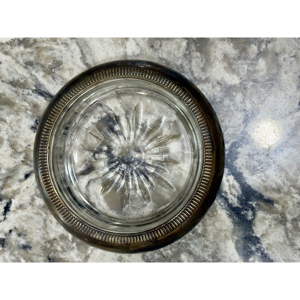 Vintage Leonard Old Crystal Glass Drink Coaster Trinket Dish Silver Plated